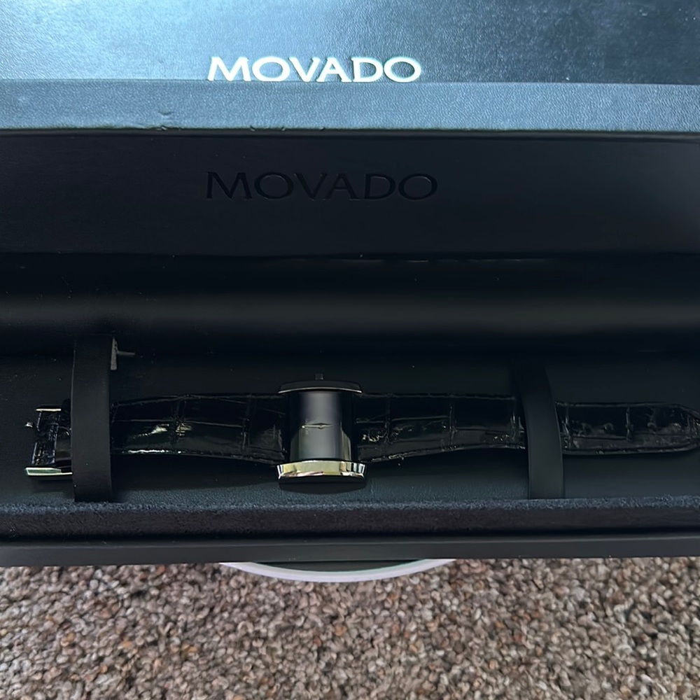 Movado Black Dial Watch with Black Leather Croc-Pattern Strap
